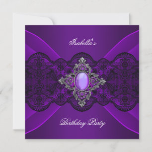 Elegant Purple Jewel Lace Silver Birthday Party Invitation