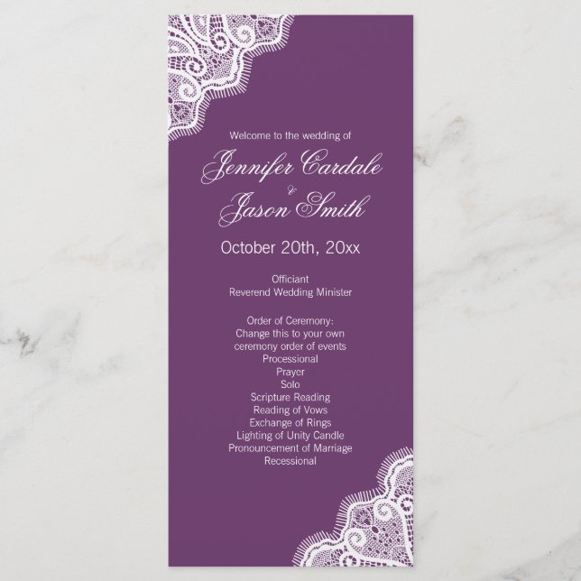 Elegant Purple Lace Edge Vertical Wedding Programs (Front)