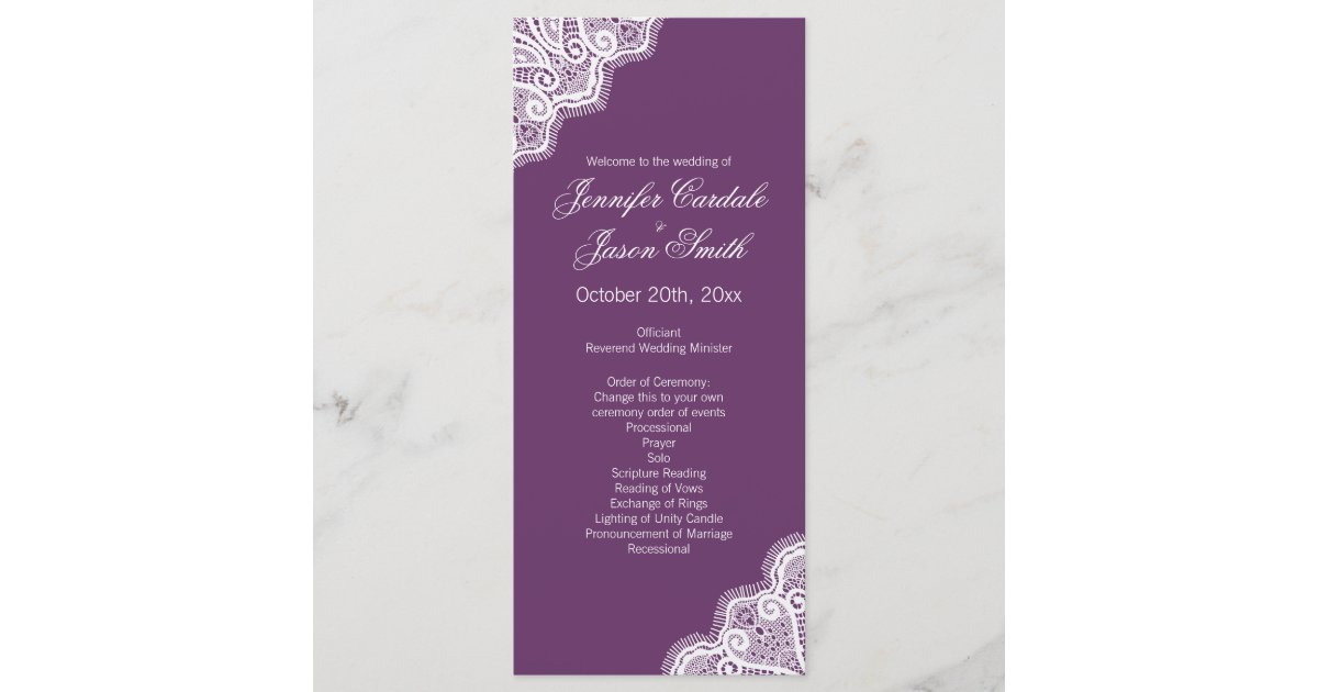 Elegant Purple Lace Edge Vertical Wedding Programs | Zazzle