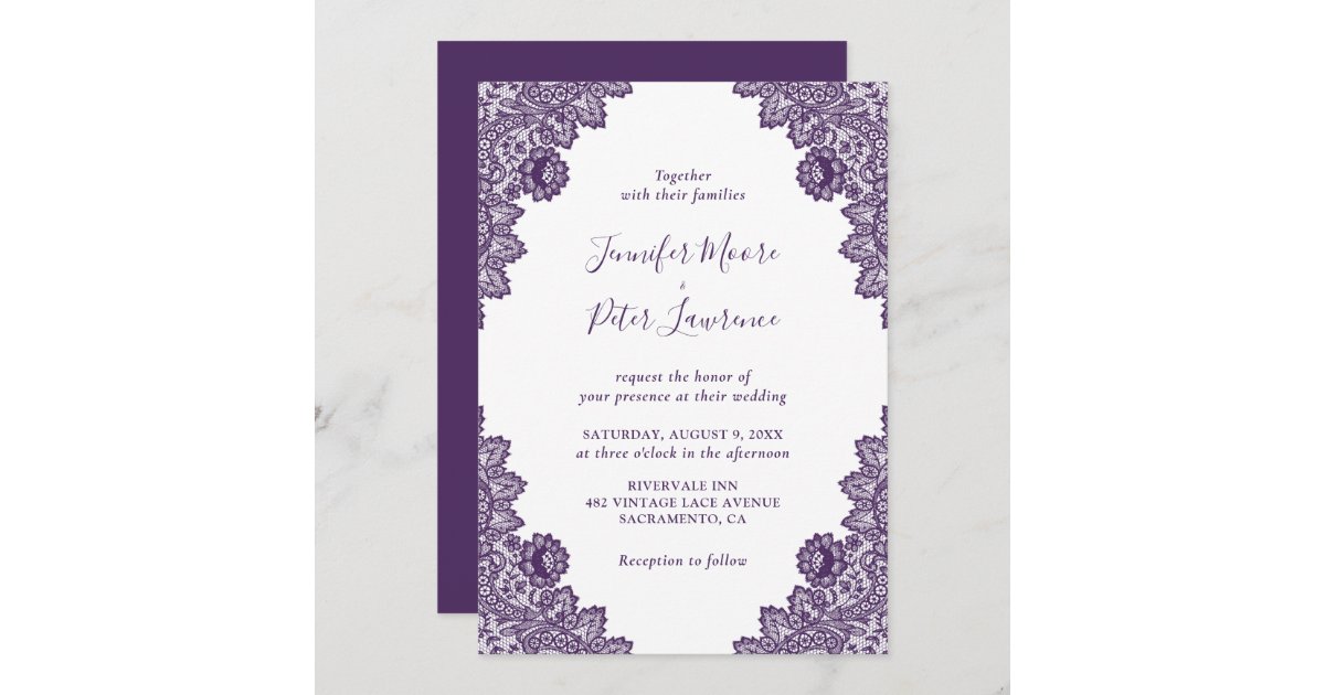 Elegant Purple Lace Wedding Invitation | Zazzle