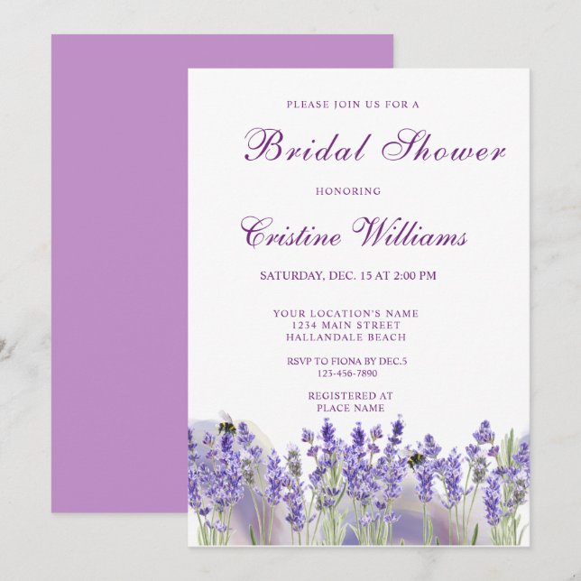 Elegant Purple Lavander Flowers Bridal Shower Invitation (Front/Back)
