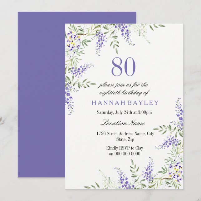 Elegant Purple Lavender 80th Birthday Invite (Front/Back)