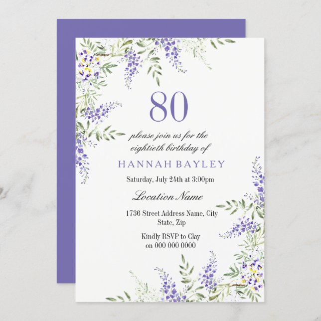 Elegant Purple Lavender 80th Birthday Invite (Front/Back)
