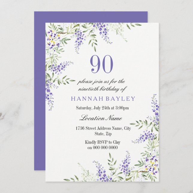 Elegant Purple Lavender 90th Birthday Invite (Front/Back)