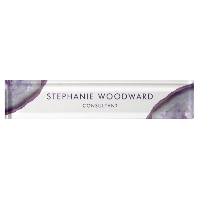 Elegant Purple Lavender Agate Geode Desk Name Plate (Front)