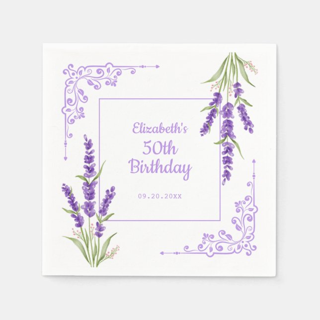 Elegant Purple Lavender Antique Frame Birthday Napkins (Front)