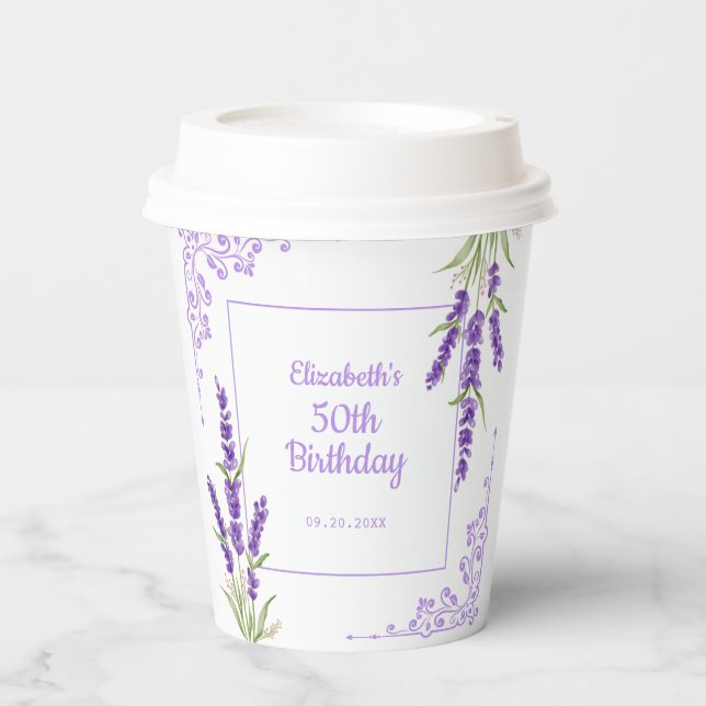 Elegant Purple Lavender Antique Frame Birthday Paper Cups (Front)