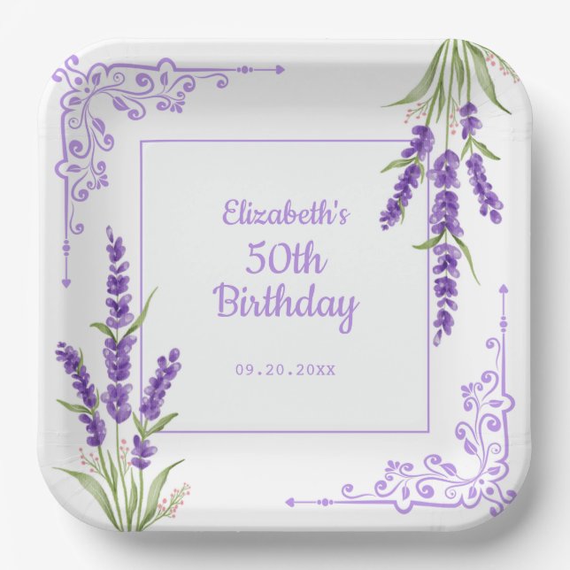 Elegant Purple Lavender Antique Frame Birthday Paper Plates (Front)