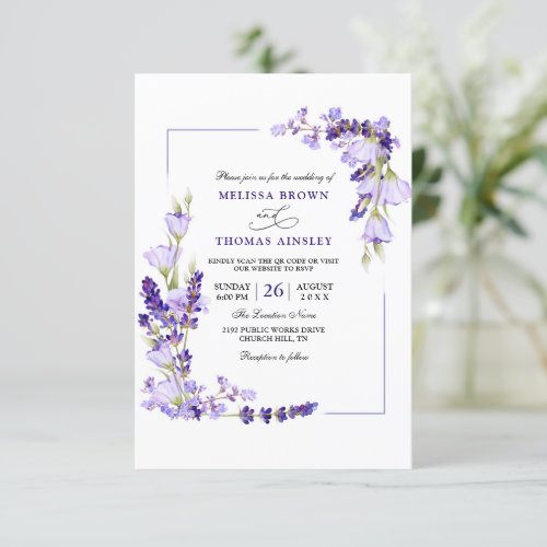 Elegant Purple Lavender Budget QR Code Wedding Invitation