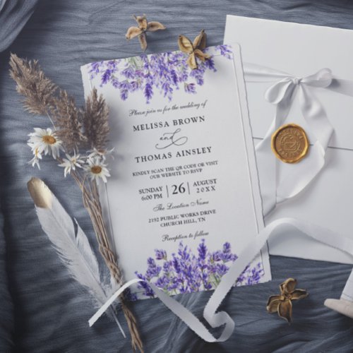 Elegant Purple Lavender Budget QR Code Wedding Invitation