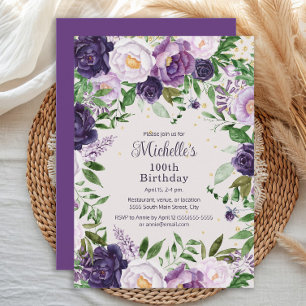 Elegant Purple Lavender Floral 100th Birthday Invitation