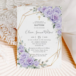 Elegant Purple Lavender Floral Baptism Christening Invitation