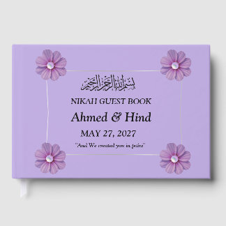 Elegant Purple Lavender Floral Pearl Wedding Guest Book