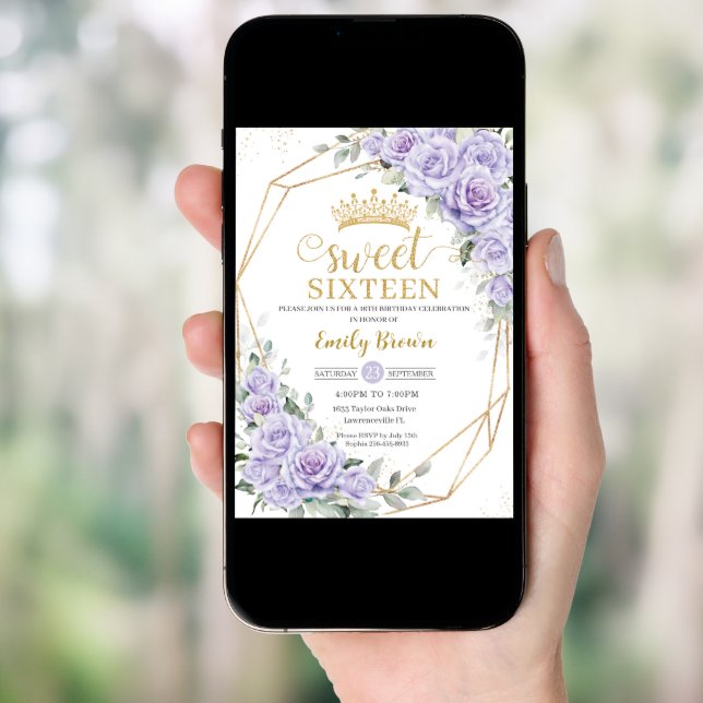 Elegant Purple Lavender Floral Sweet Sixteen 16th  Invitation (Front Digital)