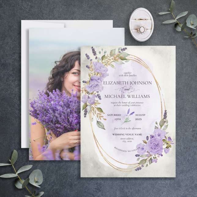 Elegant Purple Lavender Floral Watercolor Photo Invitation (Creator Uploaded)