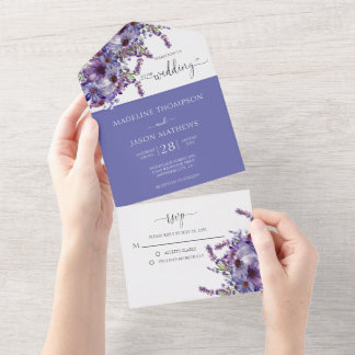 Elegant Purple Lavender Floral Watercolor Wedding All In One Invitation