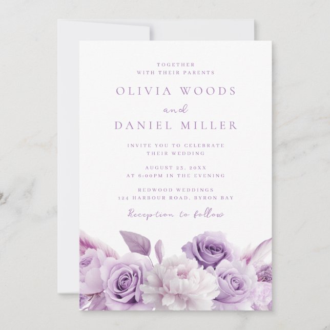 Elegant Purple Lavender Roses Wedding Invitation (Front)