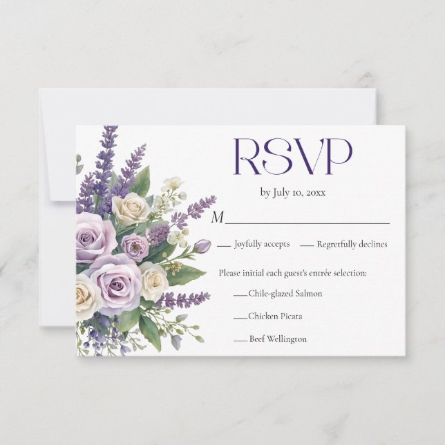 Elegant Purple Lavender Roses Wedding Meal Choice RSVP Card (Front)