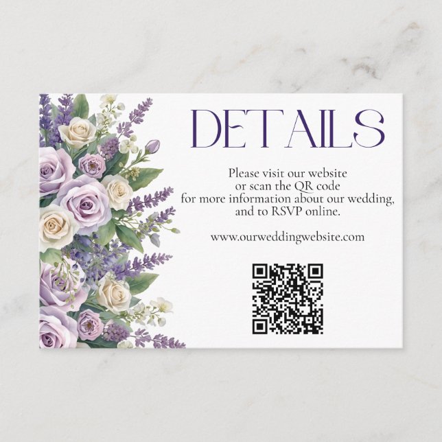 Elegant Purple Lavender Roses Wedding Website QR Enclosure Card (Front)