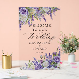 Elegant Purple Lavender Roses Wedding Welcome Acrylic Sign