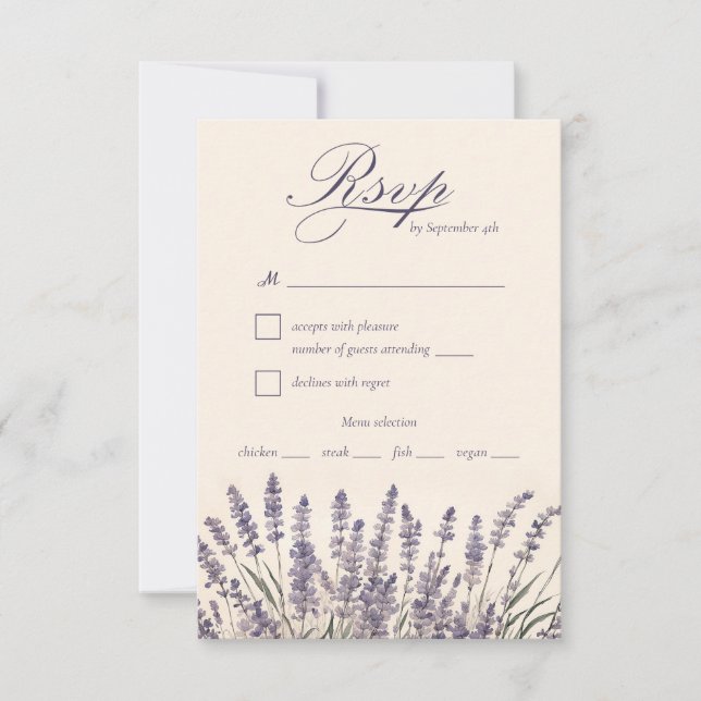 Elegant Purple Lavender Wedding Meal Choice  RSVP Card (Front)
