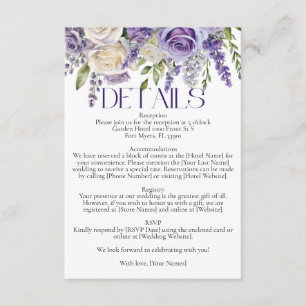 Elegant Purple Lavender White Roses Wedding Detail Enclosure Card