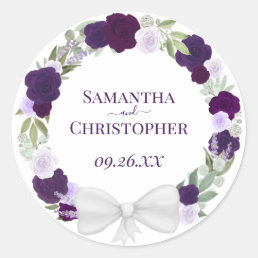 Elegant Purple &amp; Lavender Wreath of Roses Wedding Classic Round Sticker