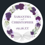 Elegant Purple & Lavender Wreath of Roses Wedding Classic Round Sticker<br><div class="desc">These beautiful wedding stickers are perfect as favor tags or envelope seals. They feature a rustic hand painted watercolor wreath of roses and foliage in shades of plum purple,  violet,  and lavender on a classic white background,  with your names and the wedding date.</div>