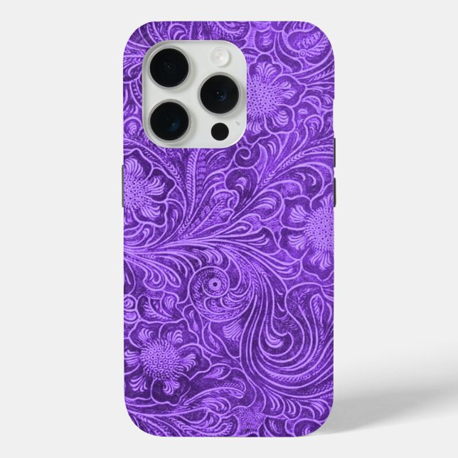 Elegant Purple Leather Look Floral Embossed Design Case-Mate iPhone Case (Back)