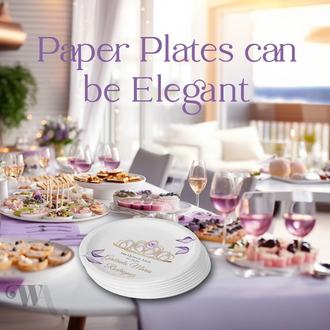 Elegant Purple Leaves Gold Tiara Quinceañera Paper Plates (Creator Uploaded)