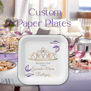 Elegant Purple Leaves Gold Tiara Quinceañera Paper Plates