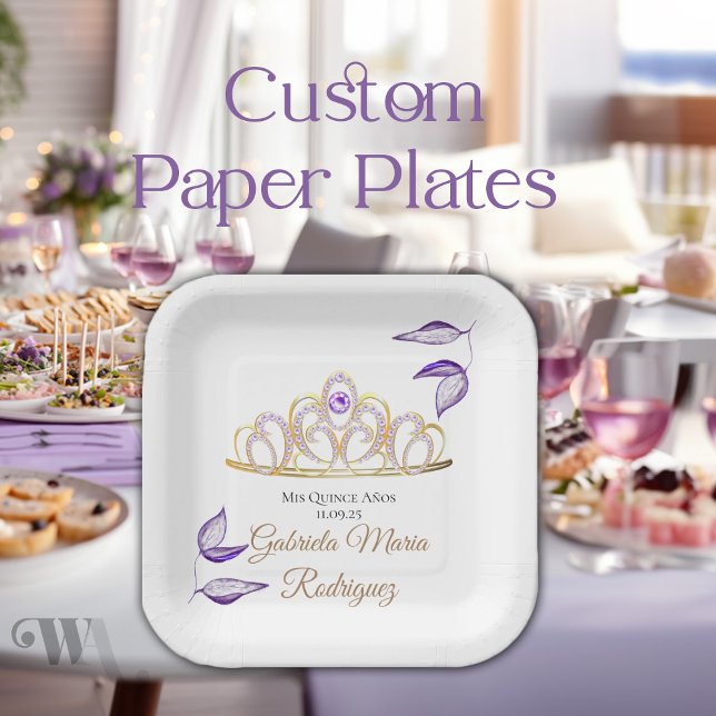 Elegant Purple Leaves Gold Tiara Quinceañera Paper Plates (Creator Uploaded)