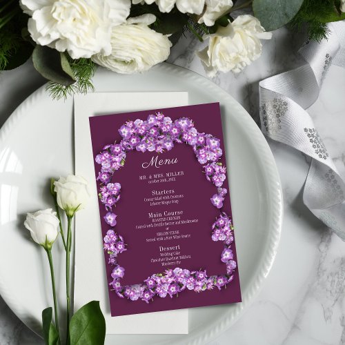 Elegant Purple Lilac Finn Arch Floral Wedding Menu