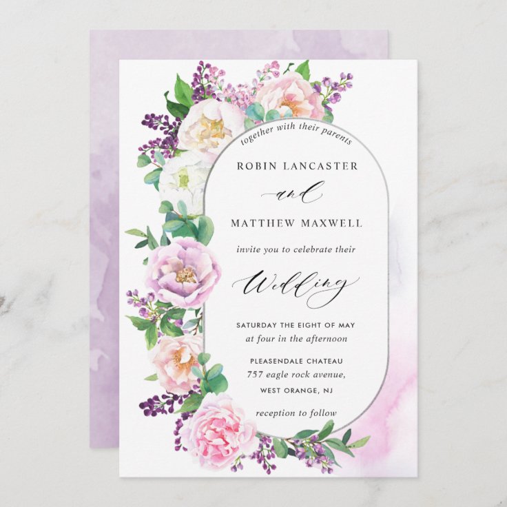 Elegant Purple Lilac Floral Oval Wedding Invitation | Zazzle