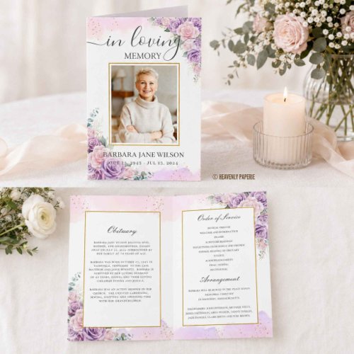 Elegant Purple Lilac Floral Photo Funeral Memorial Program