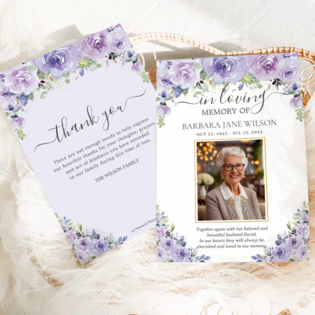 Elegant Purple Lilac Floral Photo Funeral Memorial Thank You Card | Zazzle