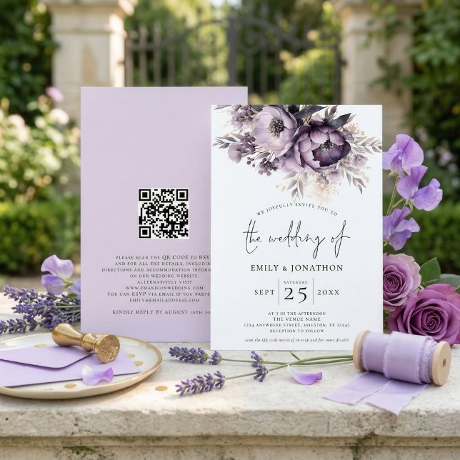 Elegant Purple Lilac Florals QR Code Wedding Invitation (Creator Uploaded)