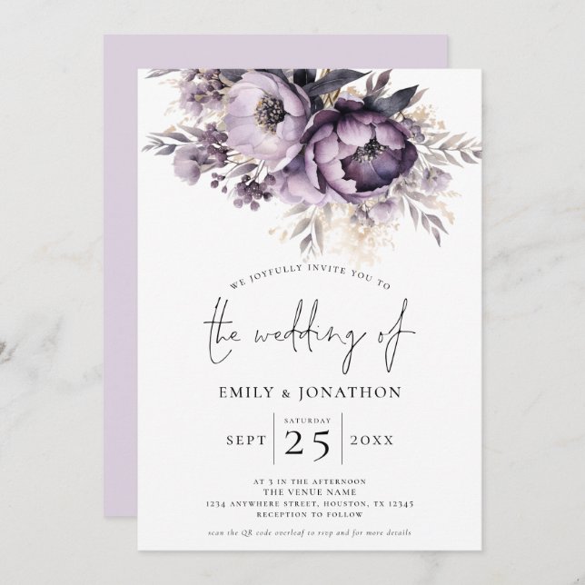 Elegant Purple Lilac Florals QR Code Wedding Invitation (Front/Back)