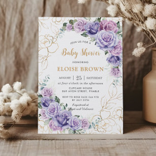 Elegant Purple Lilac Lavender Roses Baby Shower Invitation