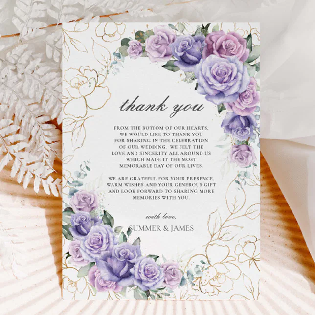 Elegant Purple Lilac Lavender Roses Wedding Thank You Card | Zazzle