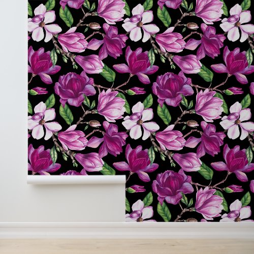 Elegant Purple Lilac Magnolia Flowers Black BG Wallpaper