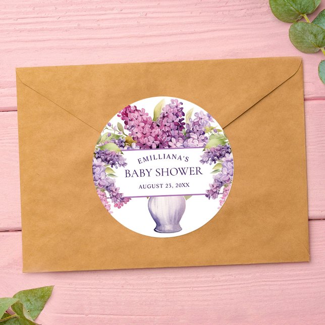 Elegant Purple Lilac Modern Rustic Baby Shower Classic Round Sticker (Elegant Purple Lilac Modern Rustic Baby Shower Classic Round Sticker)