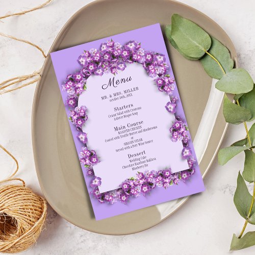 Elegant Purple Lilac moon Arch Floral Wedding Menu