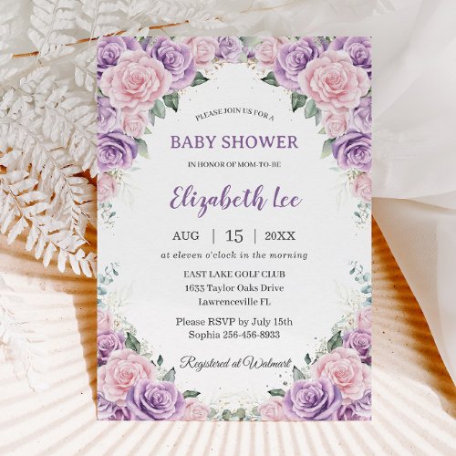 Elegant Purple Lilac Pink Floral Baby Shower Invitation