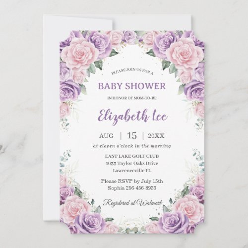 Elegant Purple Lilac Pink Floral Baby Shower Invitation