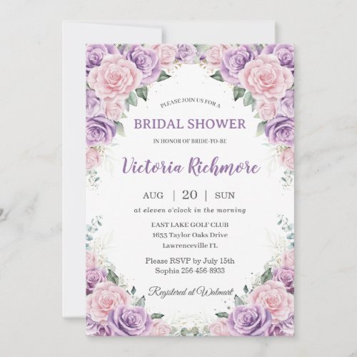 Elegant Purple Lilac Pink Floral Bridal Shower Invitation