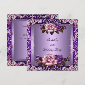 Elegant Purple Lilac Pink Rose 80th Birthday Party Invitation