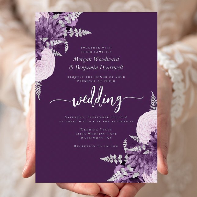 Elegant Purple Lilac Silver Floral Wedding Foil Invitation (Creator Uploaded)