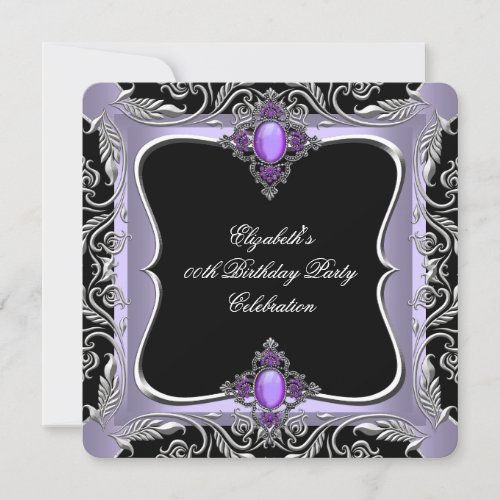 Elegant Purple Lilac Silver Jewel Black Party 3 Invitation