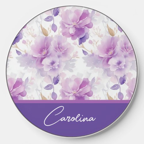 Elegant purple lilac watercolor floral design wireless charger 